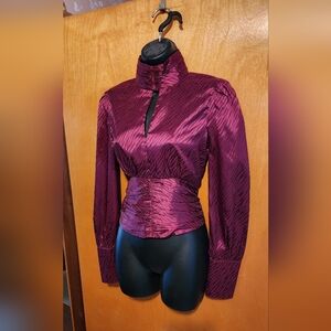 Satin Mock Neck Tie Back Jacquard Blouse